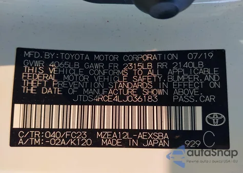 2020 Toyota Corolla Se from USA, damaged, VIN JTDS4RCE4LJ036183